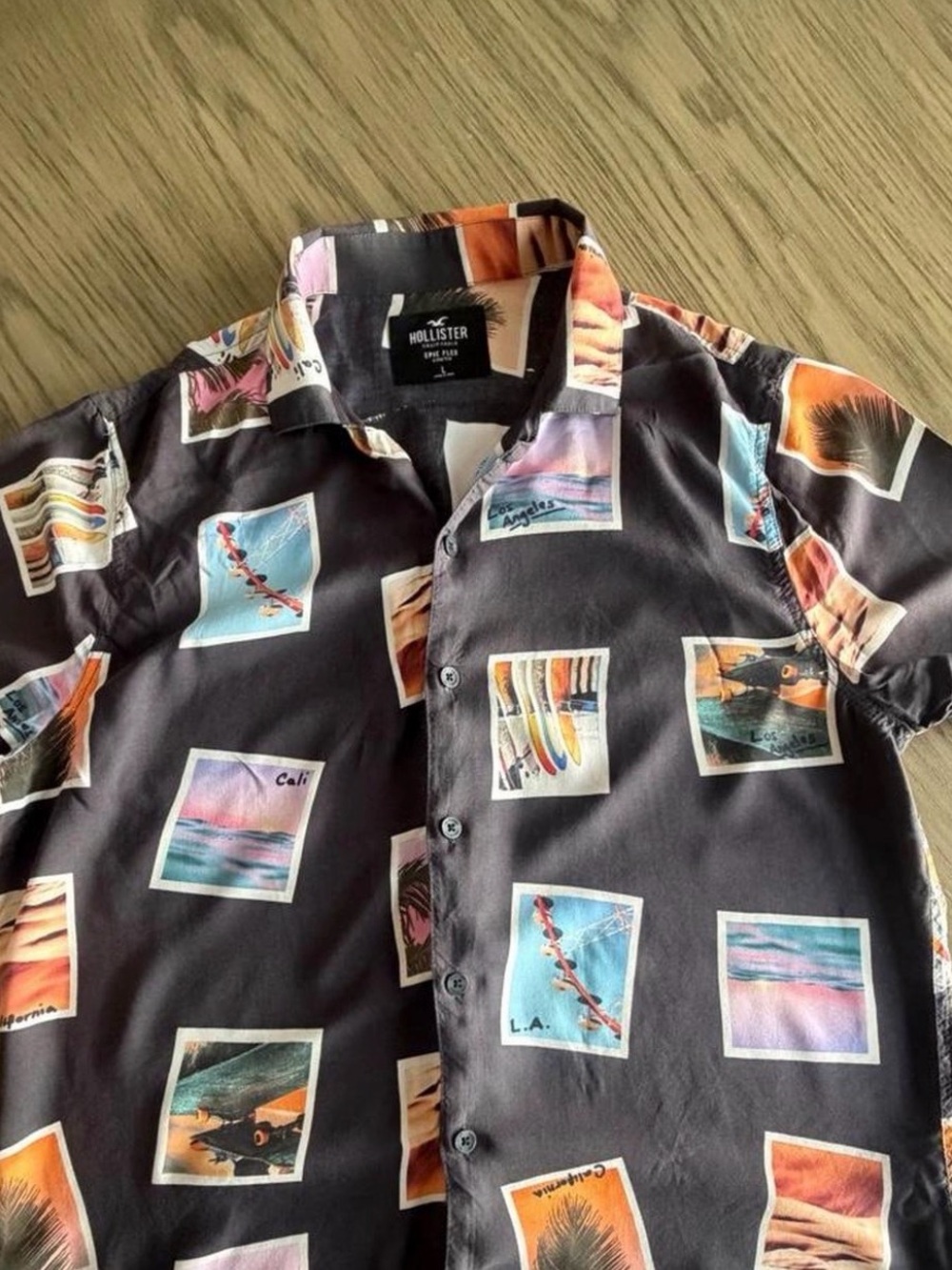Hollister Black Short-Sleeve Patch-Print Button-Up Shirt